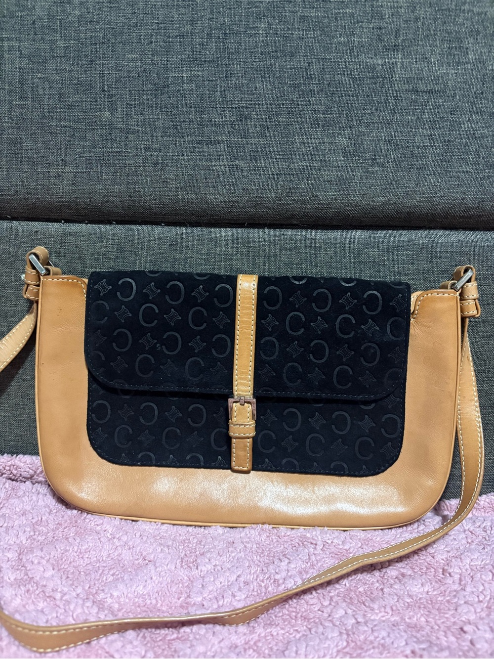 Celine Black Suede & Tan Leather Shoulder bag